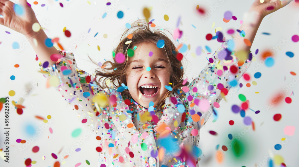 Excited young girl covered in colorful confetti, enjoying the moment on a white background Excited young girl covered in colorful confetti, enjoying the moment on a white background