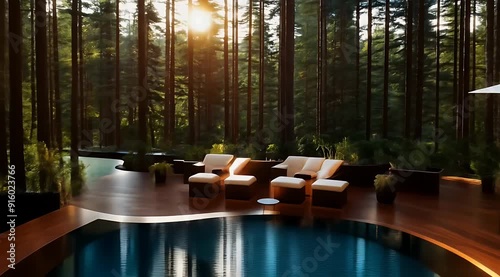 An outdoor pool in a luxurious setting, surrounded by stunning landscapes. Ideal for projects related to luxury or vacations.