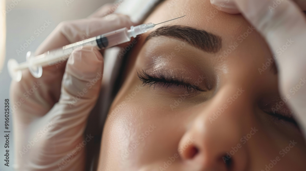 Beautician injecting hyaluronic acid near woman's eyes, focusing on anti-wrinkle beauty procedure, closeup Beautician injecting hyaluronic acid near woman's eyes, focusing on anti-wrinkle beauty procedure, closeup