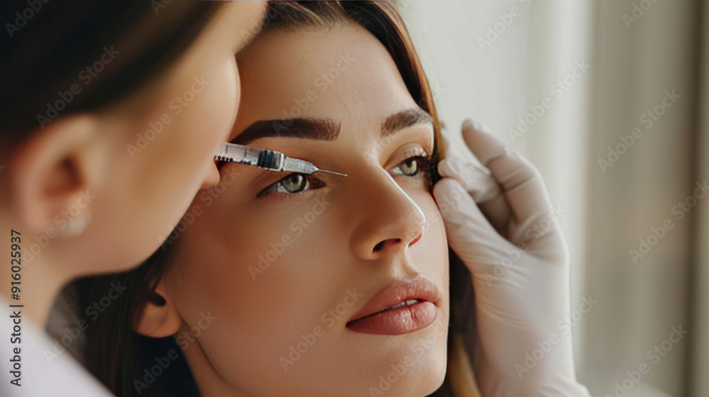 Anti-wrinkle beauty procedure with a young woman, beautician holding syringe near her eyes, preparing for hyaluronic acid injection Anti-wrinkle beauty procedure with a young woman, beautician holding syringe near her eyes, preparing for hyaluronic acid injection