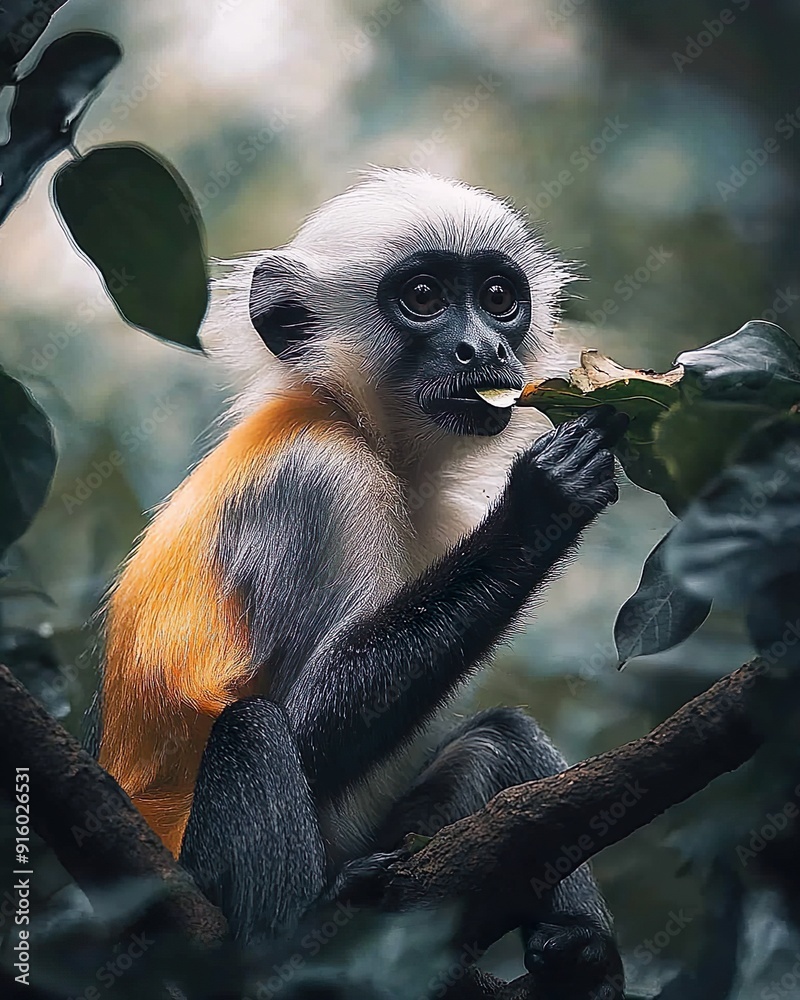 Obraz premium an orange, white and gray colobus monkey sitting on a tree branch, eating leaves, in the forest, cinematic photo, moody lighting.