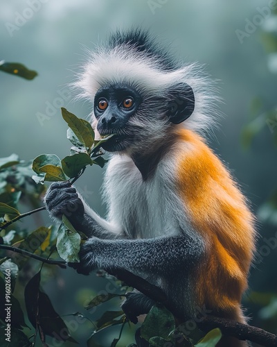 an orange, white and gray colobus monkey sitting on a tree branch, eating leaves, in the forest, cinematic photo, moody lighting.