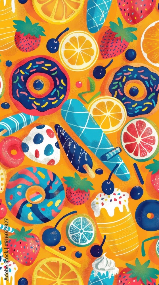 Naklejka premium A vibrant display of fruits and desserts creates a cheerful, playful design full of color and variety