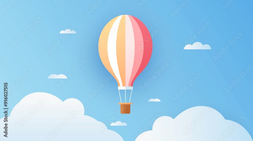 Fototapeta premium 2D illustration of a hot air balloon in the sky with basic shapes on a neutral colored background in a simplicity of drawing in a minimalist vector style