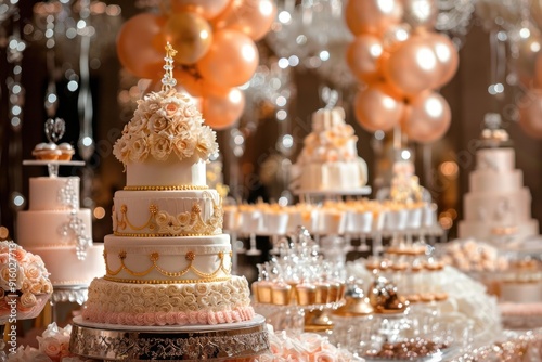 Elegant Wedding Cake Display with Festive Decorations