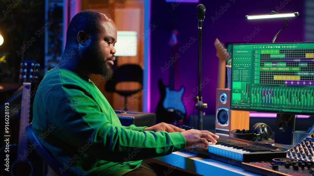 Male artist producing music on electronic piano keyboard in home studio. Sound engineer playing MIDI controller, recording and composing a soundtrack with acoustic tools and gear. Camera A. Male artist producing music on electronic piano keyboard in home studio. Sound engineer playing MIDI controller, recording and composing a soundtrack with acoustic tools and gear. Camera A.
