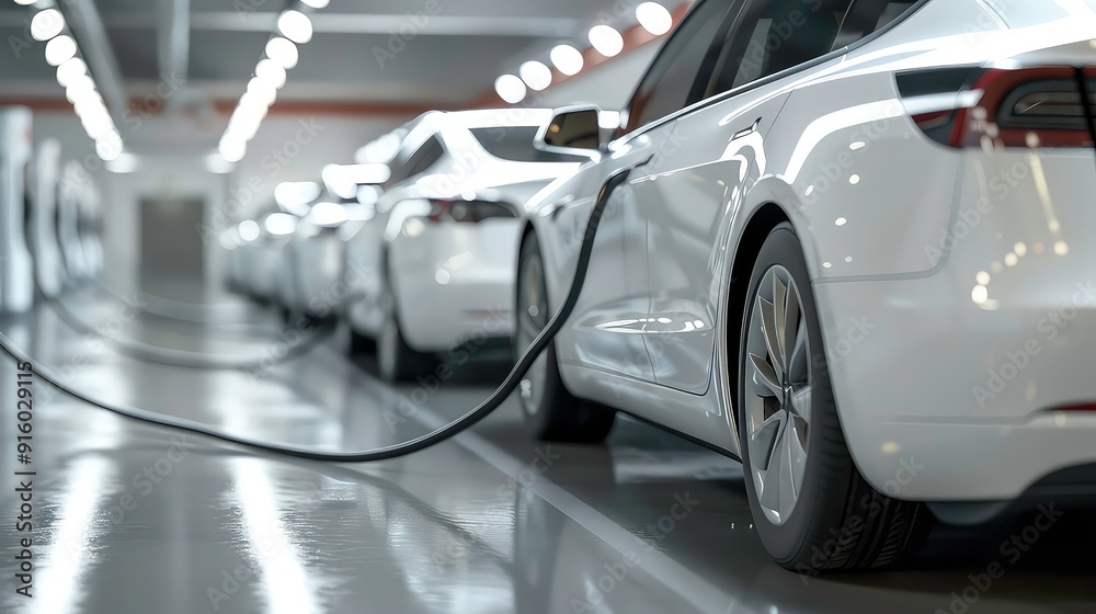 A row of white cars are plugged in and charging, with a focus on the rear tire of the car closest to the viewer. The cars are parked in a sleek, modern showroom. A row of white cars are plugged in and charging, with a focus on the rear tire of the car closest to the viewer. The cars are parked in a sleek, modern showroom.