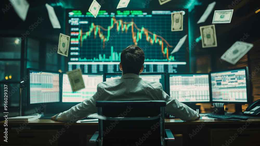 Man Observing Stock Market Trends on Charts, Trading Scene Man Observing Stock Market Trends on Charts, Trading Scene