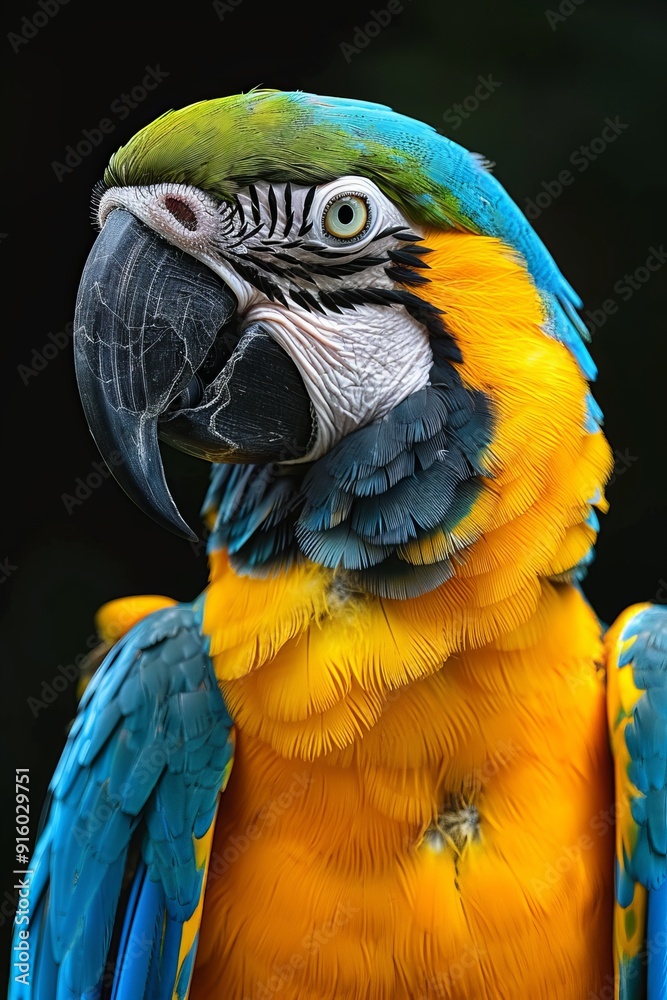 Fototapeta premium This vivid stock image displays a close-up of a colorful Macaw parrot with intricate feather details and a striking beak on a black background, capturing the birds beauty
