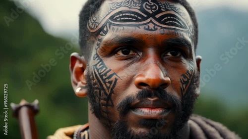 As he stands tall with his spear a Maori warriors facial tattoos tell the story of his ancestry honoring their bravery and legacy. photo