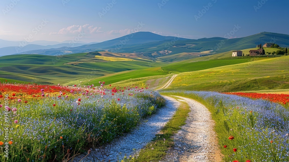 Winding Dirt Road Through a Field of Flowers and Rolling Green Hills Winding Dirt Road Through a Field of Flowers and Rolling Green Hills