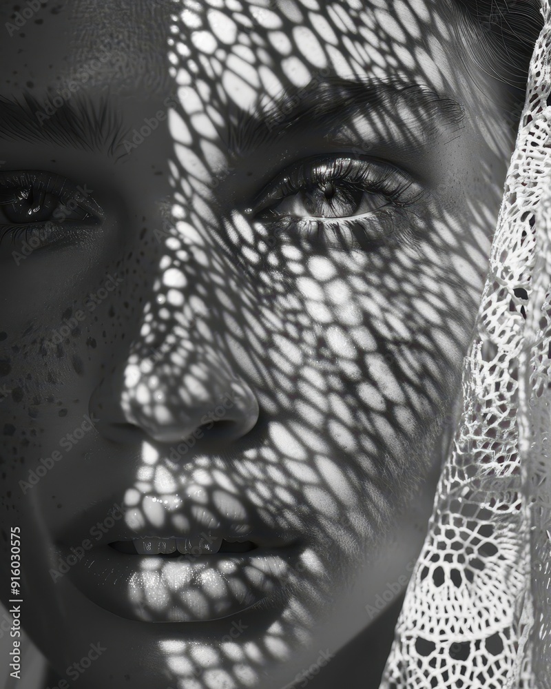 Obraz premium Close-up of a Woman's Face with Lace Shadow