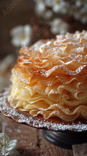 A close-up of a delicious dessert with layers of pastry and a dusting of powdered sugar. AI.