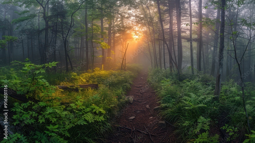 Obraz premium A Sunbeam Illuminates a Path Through a Misty Forest
