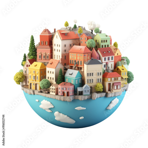 A 3D rendering of a miniature town on a blue globe. The town features buildings of various colors and sizes, with trees, clouds, and cars.