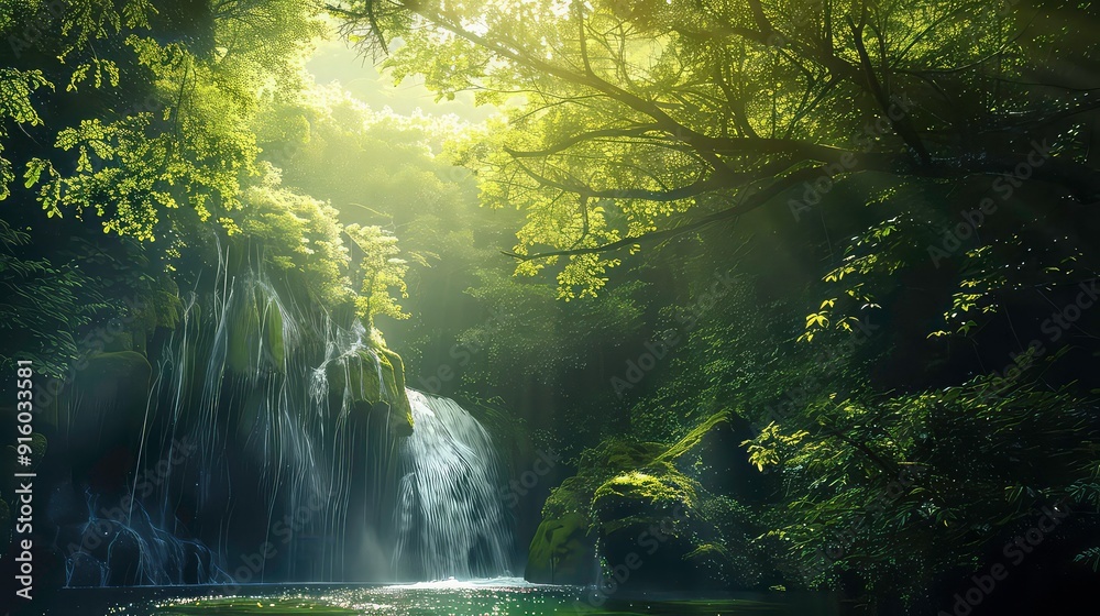 Fototapeta premium A serene waterfall cascades down a mossy cliff, surrounded by lush green foliage and sunlight filtering through the canopy.
