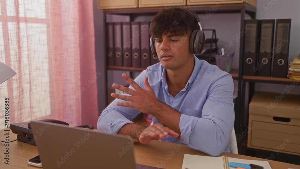 Hispanic man wearing headphones working at a desk in an office setting with shelves and files in the background. Hispanic man wearing headphones working at a desk in an office setting with shelves and files in the background.