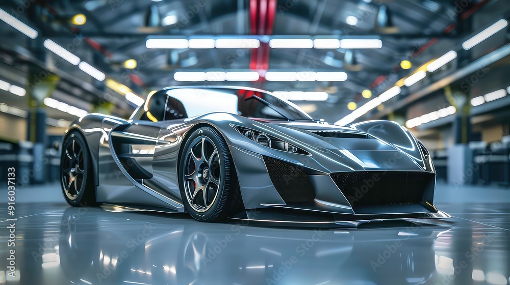 A sleek, silver sports car is showcased in a modern industrial setting, its curves and details highlighted by the bright lights above. A sleek, silver sports car is showcased in a modern industrial setting, its curves and details highlighted by the bright lights above.