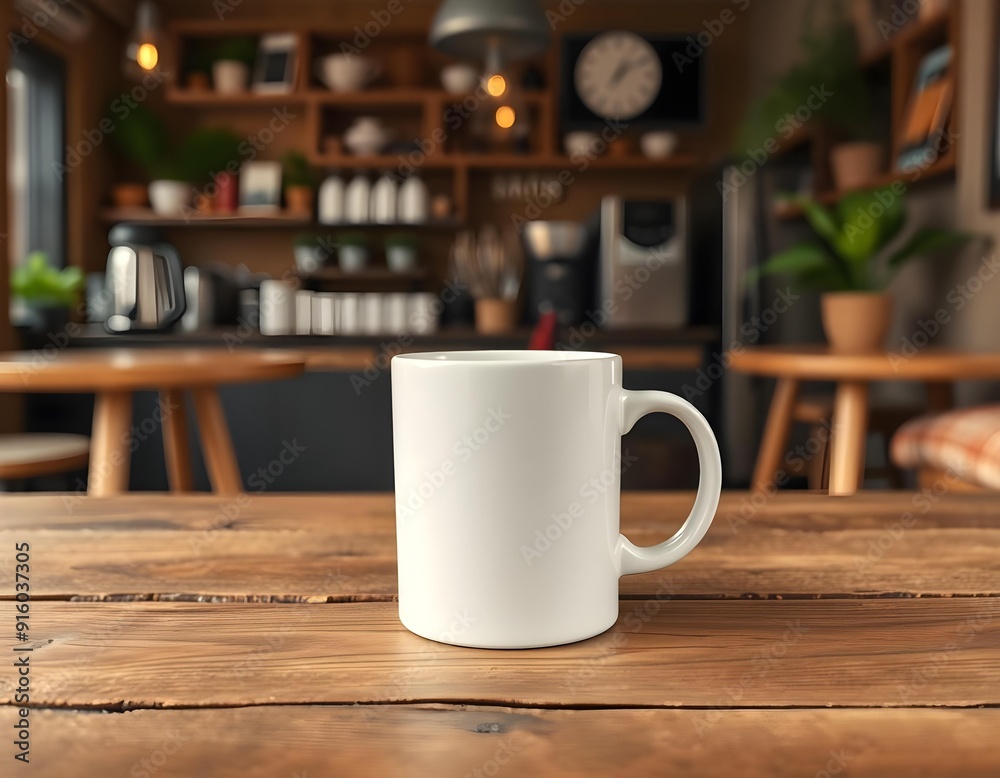 mockup of a plain white mug on a rustic wooden table with a blurred background of a cozy coffee shop create with ai mockup of a plain white mug on a rustic wooden table with a blurred background of a cozy coffee shop create with ai