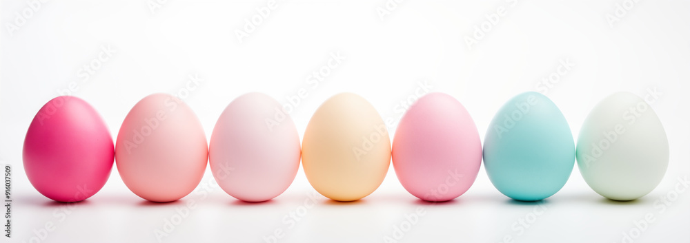A row of pastel-colored eggs arranged neatly on a white background. A row of pastel-colored eggs arranged neatly on a white background.