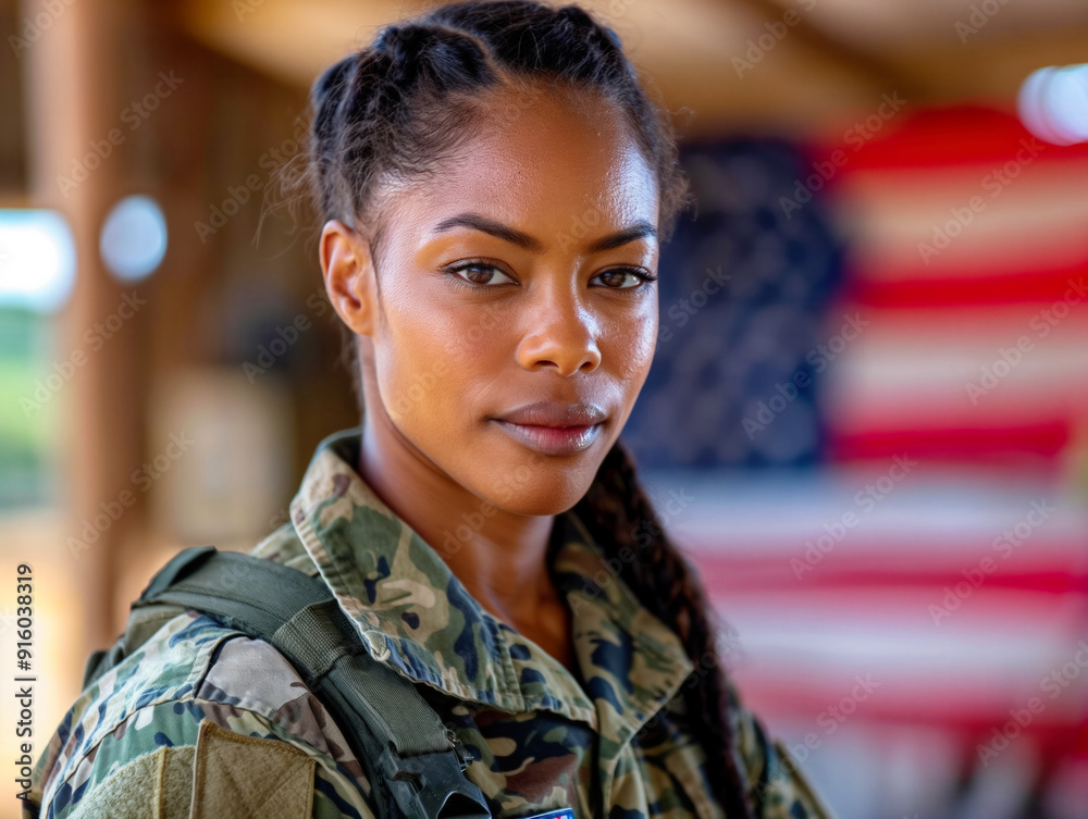 A woman in a military uniform stands in front of an American flag. She has a serious expression on her face A woman in a military uniform stands in front of an American flag. She has a serious expression on her face