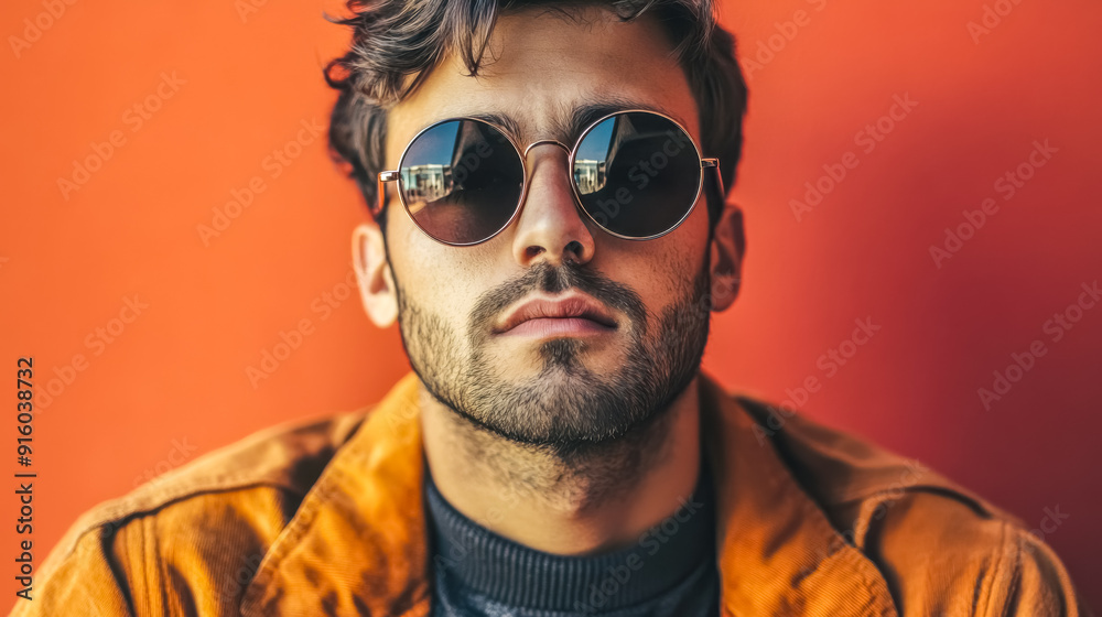 Obraz premium Serious man with sunglasses and brown jacket posing on orange background