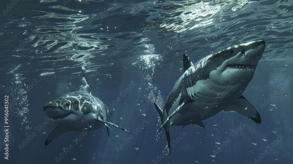 Fototapeta premium Two Great White Sharks Swimming Underwater
