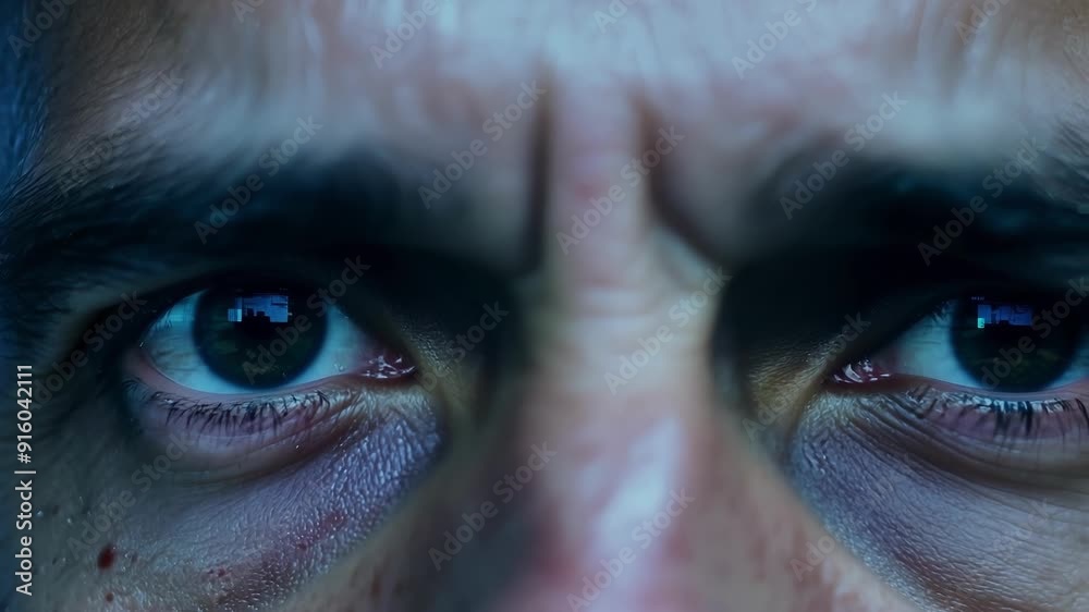 Intense closeup of the operators eyes as they keep a watchful eye on the drones flight path.