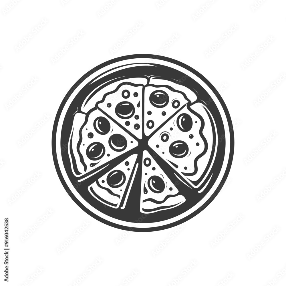 Black and White Illustration of a Pizza with Olives Black and White Illustration of a Pizza with Olives