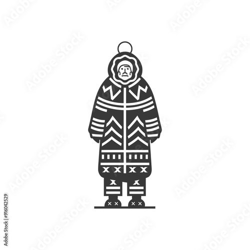 Black and white illustration of a person wearing a patterned parka