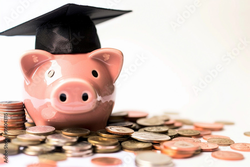 Piggy bank with a black graduation hat with coins as educational loan symbol 