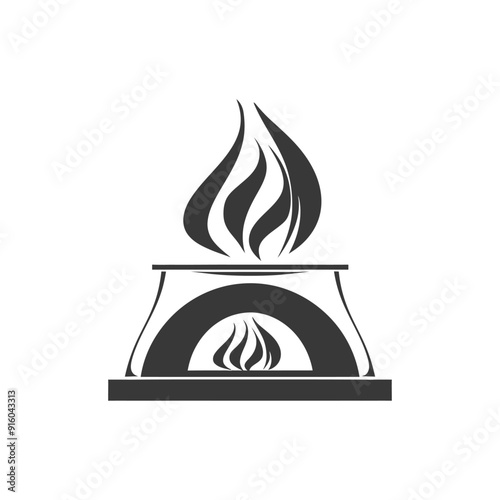 Black and white icon of a wood fired oven with flames