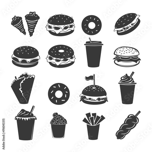 Black and White Icons of Fast Food Items