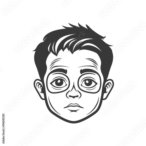 Black and White Illustration of a Boys Face with Glasses