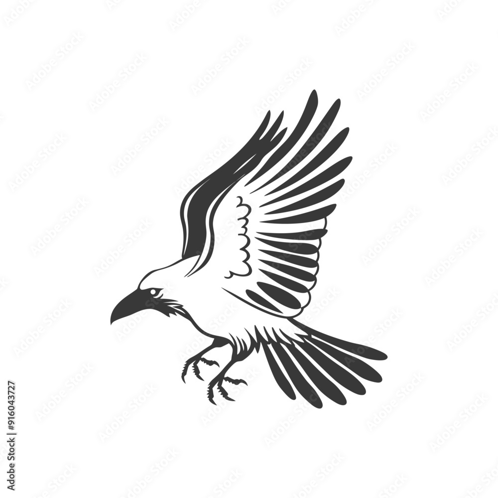 Obraz premium Black and White Illustration of a Flying Raven
