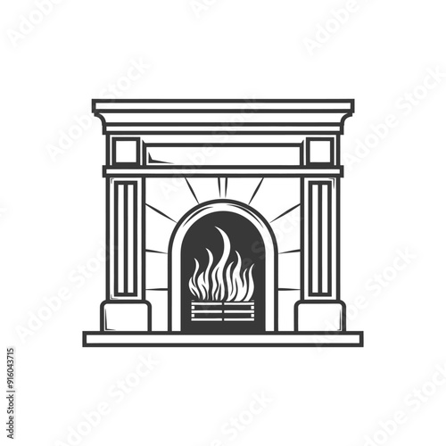 Black and White Illustration of a Fireplace with Flames