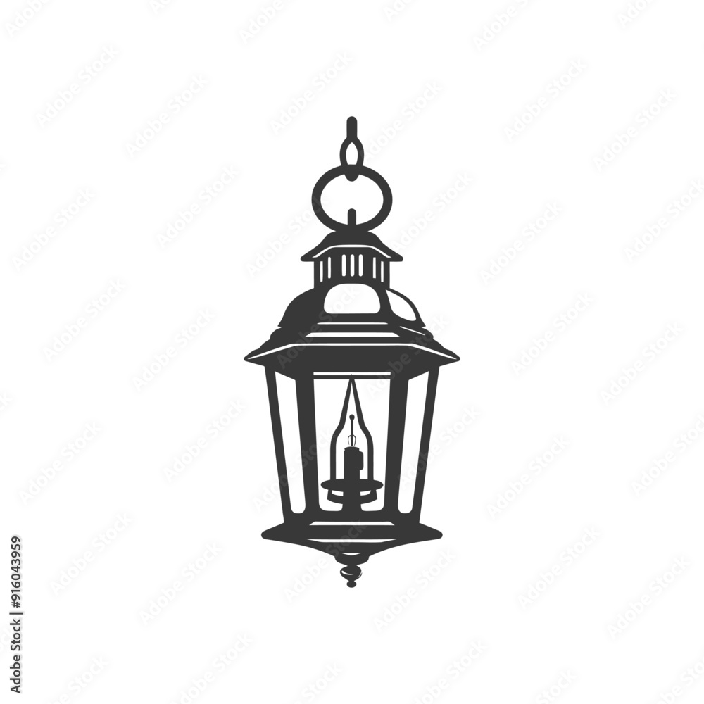 Black and White Illustration of a Hanging Lantern with a Light Inside Black and White Illustration of a Hanging Lantern with a Light Inside