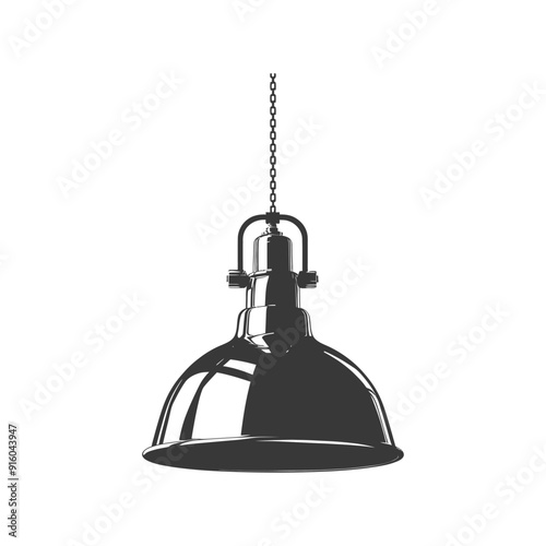 Black and white illustration of a hanging industrial lamp