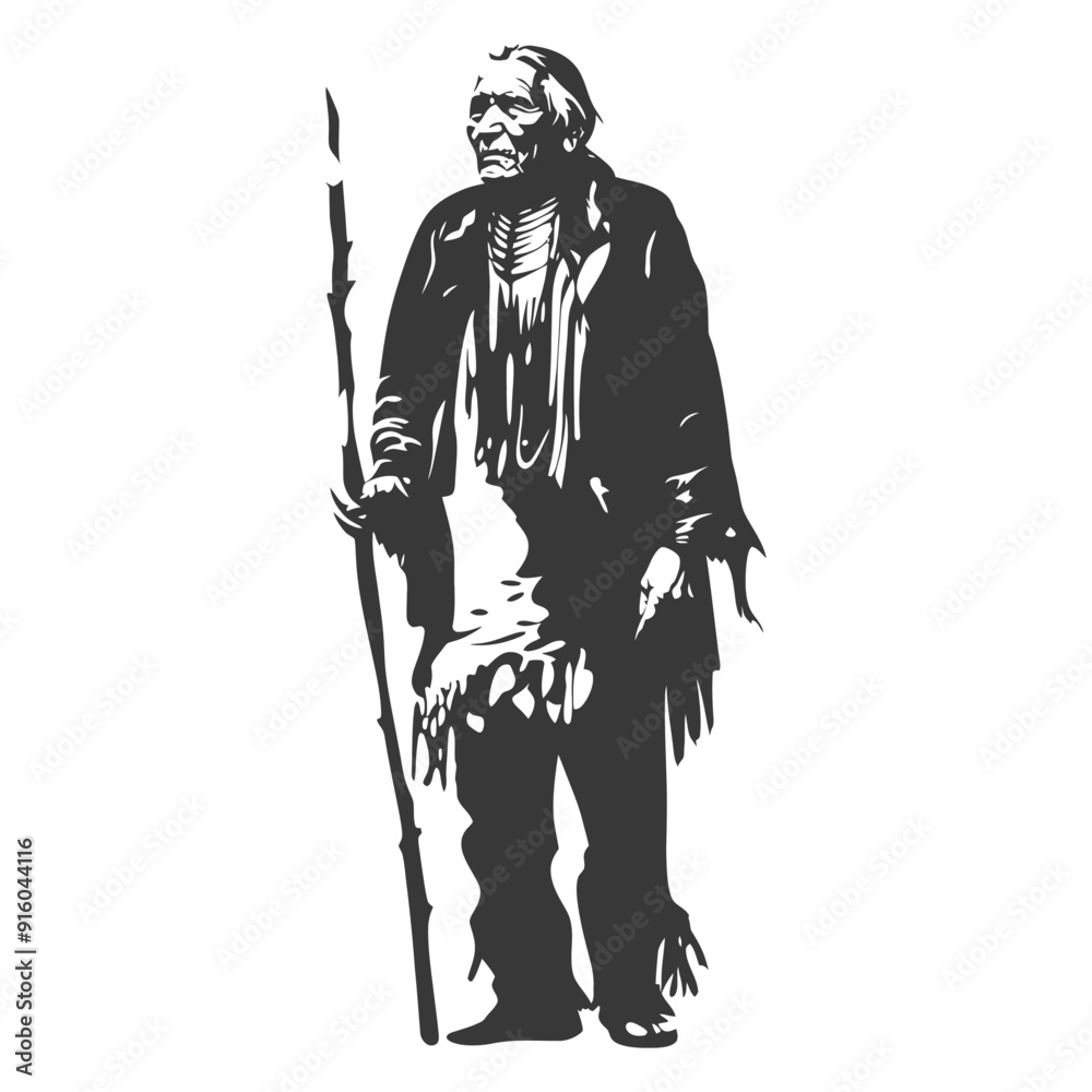 Black and White Illustration of an Indigenous Elder Holding a Staff Black and White Illustration of an Indigenous Elder Holding a Staff