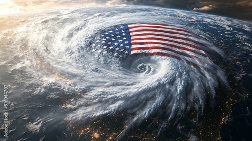 Super typhoon in form of American flag - abstract illustration of natural disaster in USA