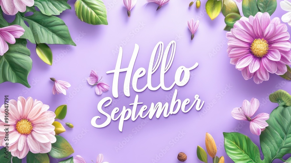 Hello September Lettering With Beautiful Flower and Purple Background Hello September Lettering With Beautiful Flower and Purple Background