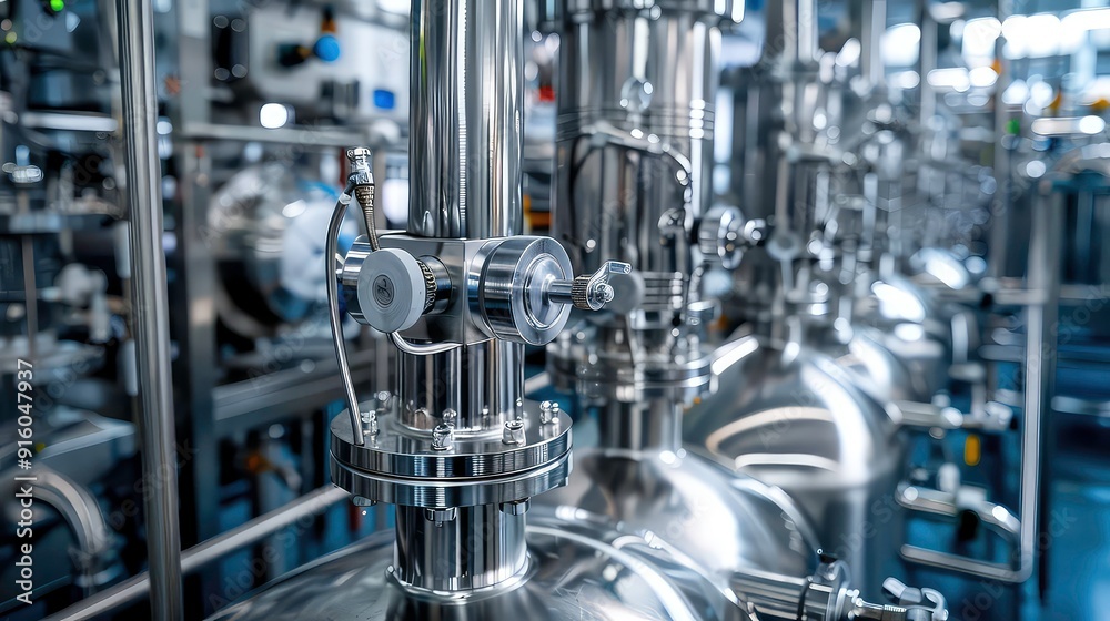 Close-up of a shiny metal pipe with a valve and a lever, in a factory setting. Close-up of a shiny metal pipe with a valve and a lever, in a factory setting.