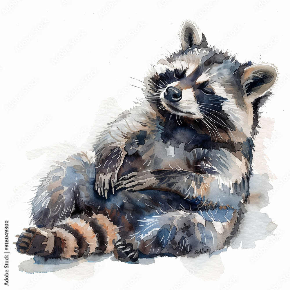 Obraz premium Cute raccoon sleeping peacefully on its back, depicted in a soft watercolor illustration style on a clean white background.