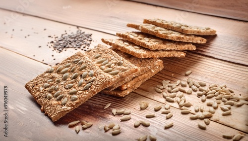 crunchy crispbread on a wooden background healthy snack cereal crunchy multigrain cereal flax seed sesame sunflower seeds protein bread bar photo