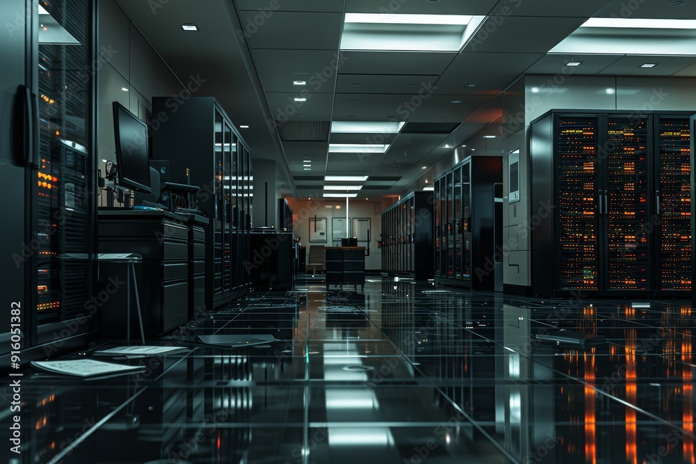 A long, dark room with a shiny, reflective floor. Tall, black server racks line the walls, and a workstation sits in the center of the room. The room is lit by bright, white lights.