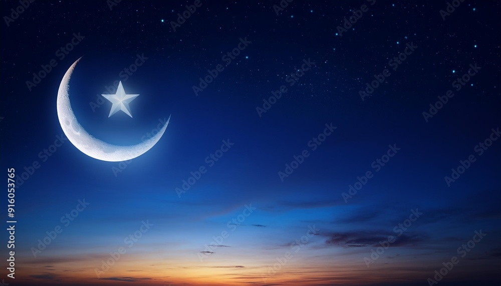 crescent moon and star on panoramic dark blue twilight sky ramadan ...