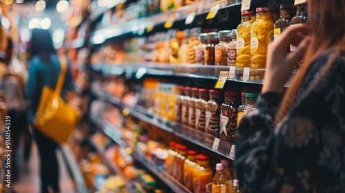 Wallpaper Mural Blurry supermarket aisle with shoppers and products Torontodigital.ca