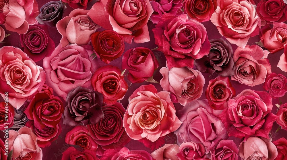 A lush collection of roses in shades of red, pink, and purple fills the background with vibrant color and texture A lush collection of roses in shades of red, pink, and purple fills the background with vibrant color and texture