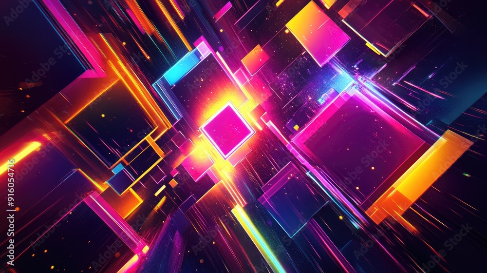 A dazzling neon composition of colorful geometric shapes, creating a vibrant and energetic visual effect
