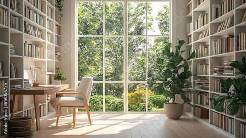 Zoom Background A bright and airy library white bookshelves with many books. large window overlooking a lush garden.